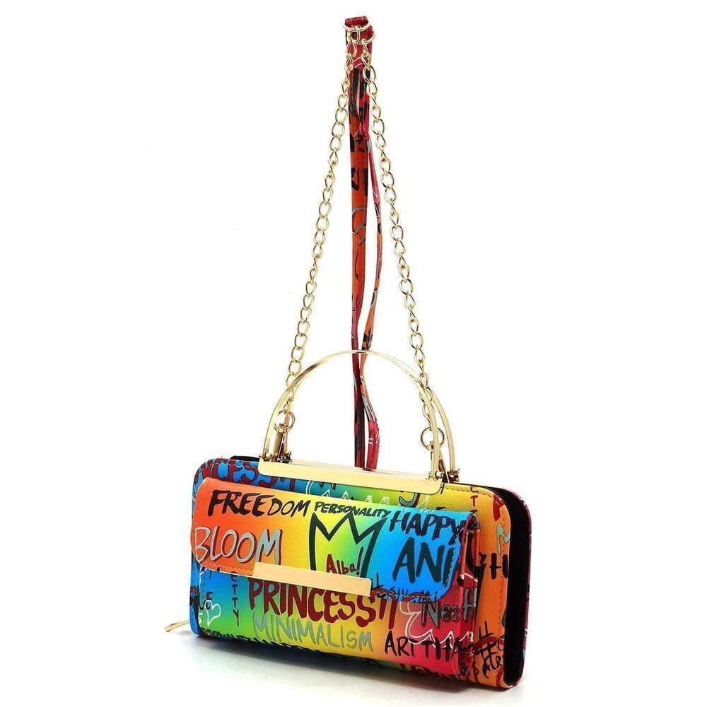 Women's Multi Graffiti Print Round Top Handle Crossbody Bag Clutch Wallet - Picture 4 of 7